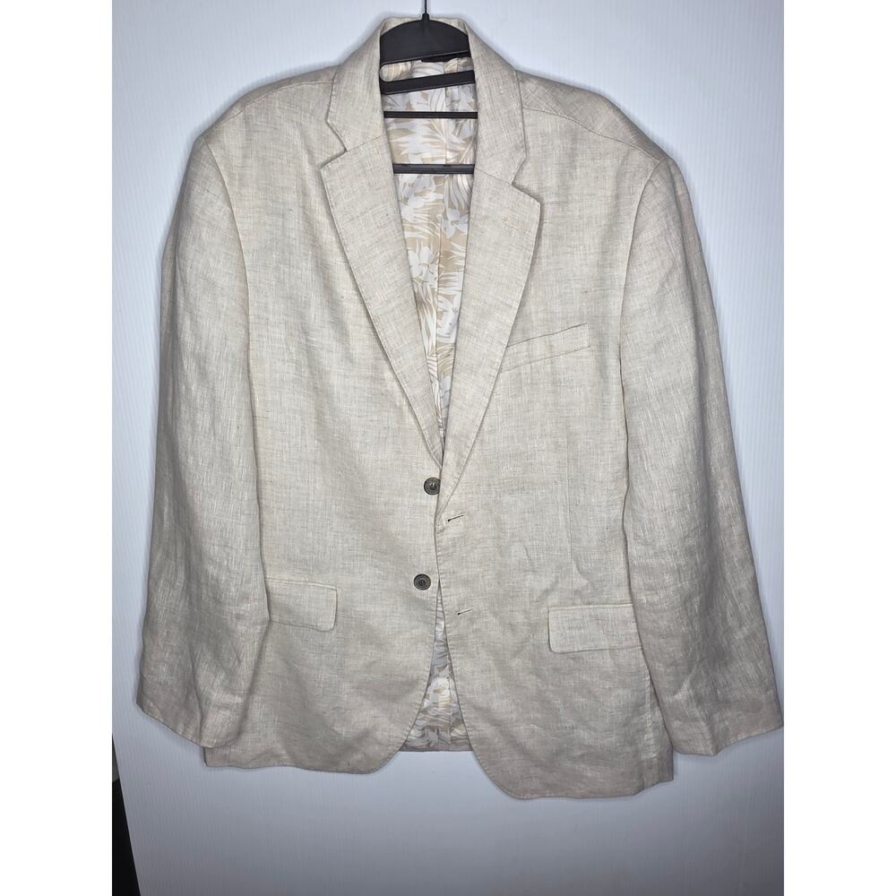 Tasso Elba Island Size L Linen Blazer Tan Tropical Floral Lining Sport Coat